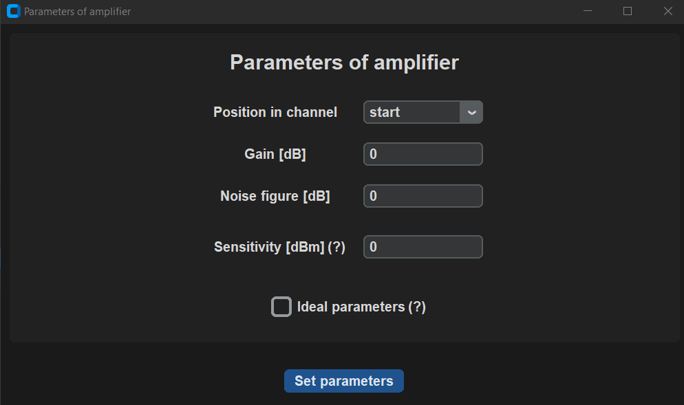 Window to set parameters of amplifier
